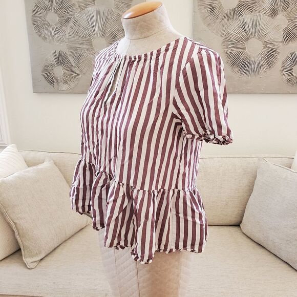 🌞 Madewell 🌞 'Stanza' Ruffle-Hem Stripe Top - [Small in Berry/White Stripe] - Picture 9 of 15
